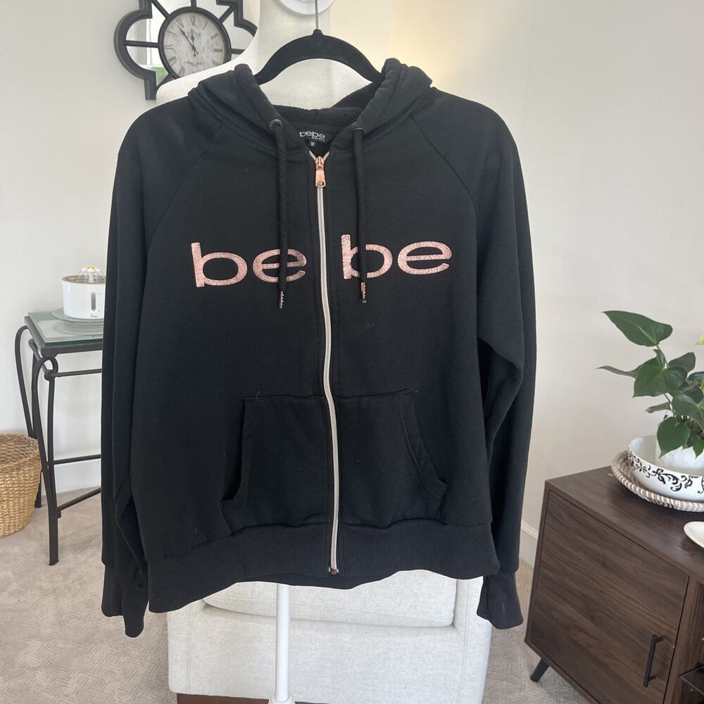 Bebe Black Full Zip Hoodie 1X Sweatshirt Logo Rose Gold Boxy Y2K 90s Girlie